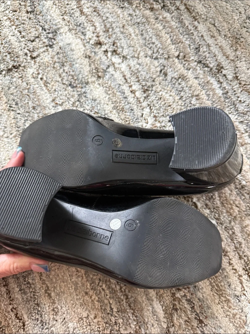 Liz Claiborne Patent Black Block Heel Loafers with Gold Bit Detail